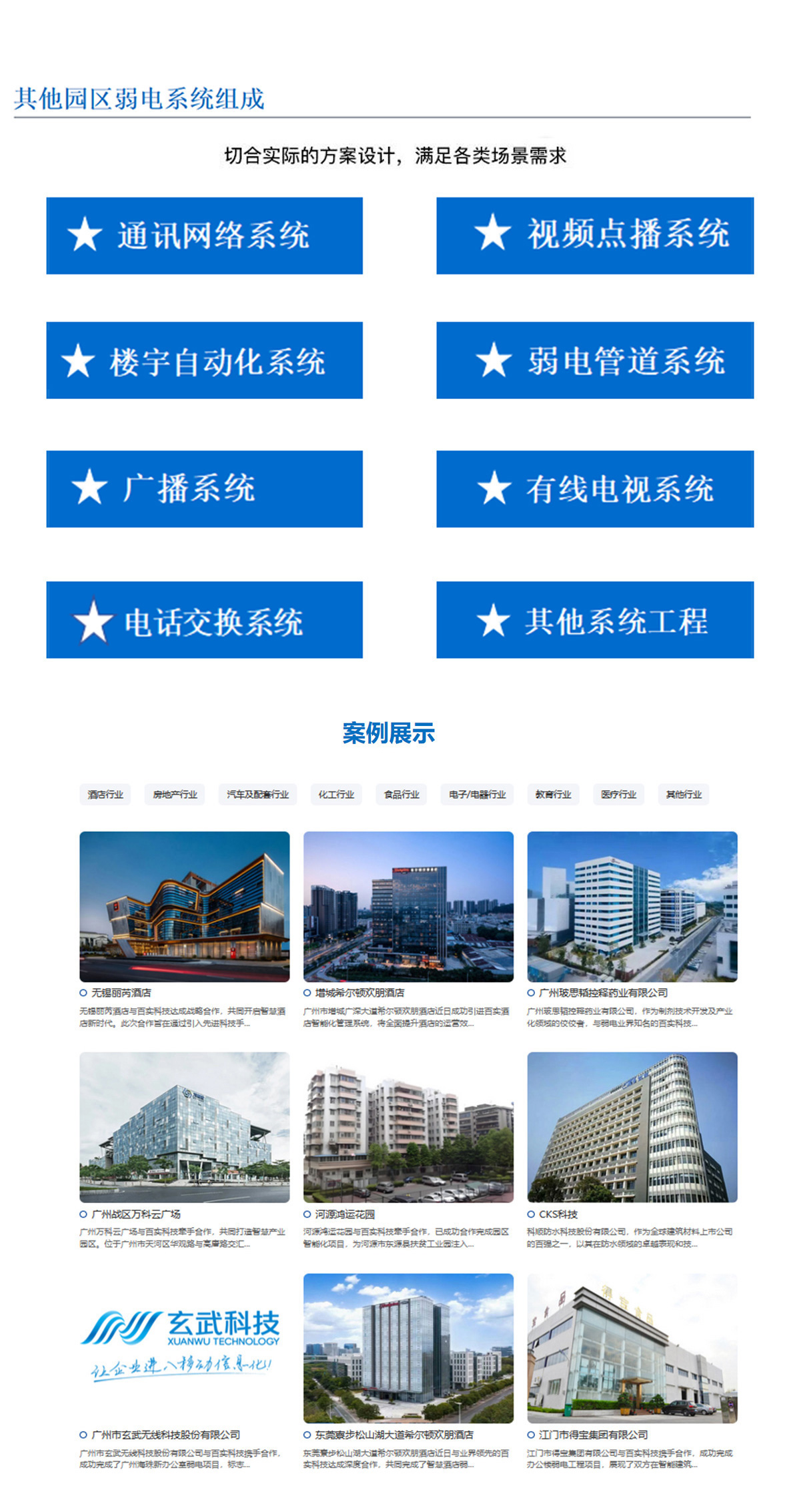 5科技園,工業園,商業園,產業園,農業園,物流園等園區訊通網絡系統，園區視頻點播系統,園區樓宇自動化系統,園區弱電管道系統,園區廣播系統，園區有無線電視系統,園區會議系統,園區電話交換系統等其他園區弱電系統，切合實際的方案設計，滿足各類場景需求